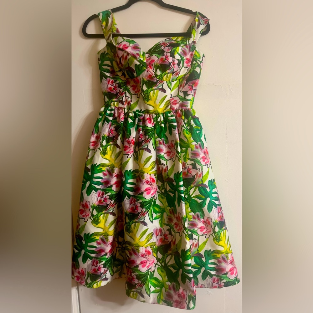 Floral off the shoulder sweetheart cut flared mid dress